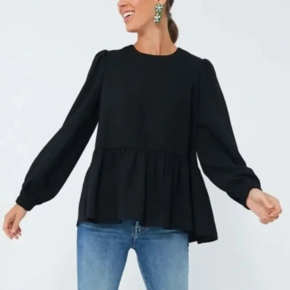 Tuckernuck Pomander Carlota Peplum Blouse in Black with Billowy Sleeves Size XS